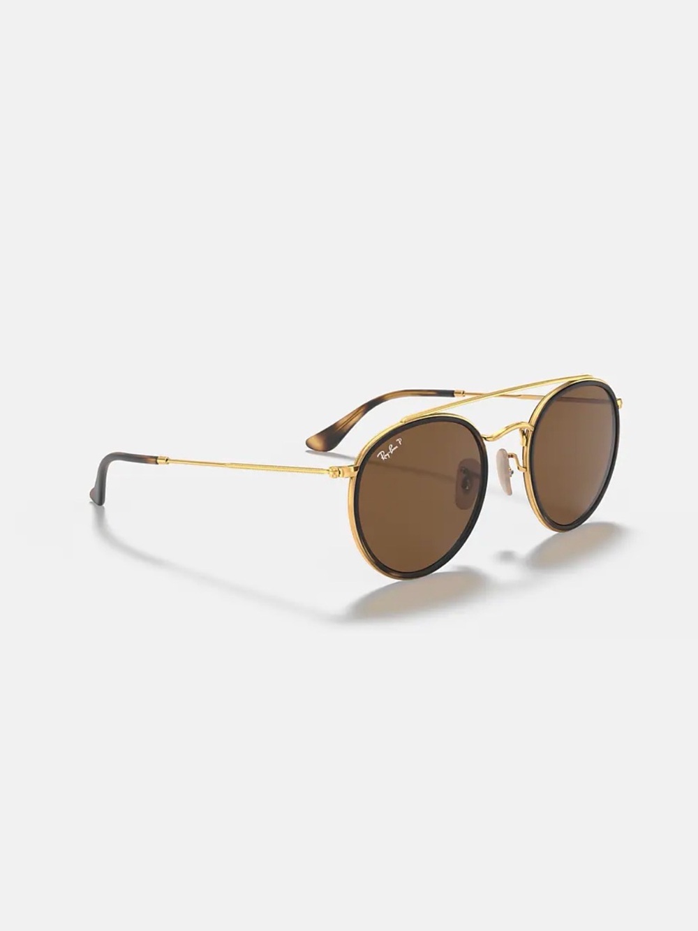 New w/o tags. Polarized Ray-Ban Round Double Bridge Sunglasses in Brown and Gold - Picture 5 of 6